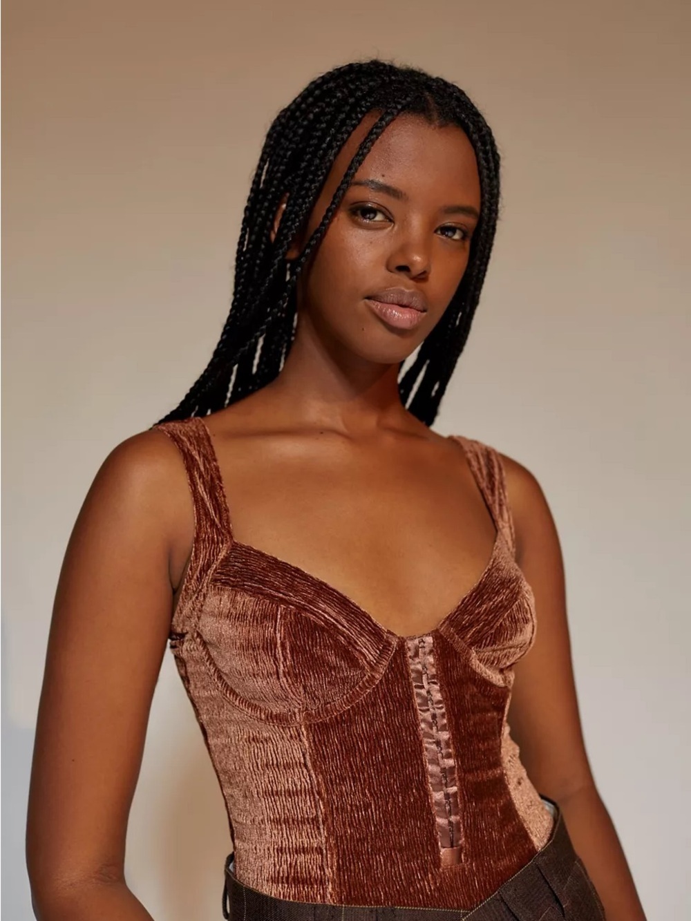 Out From Under Velvet Sculp Bustier Bodysuit in Copper Brown Urban Outfitters